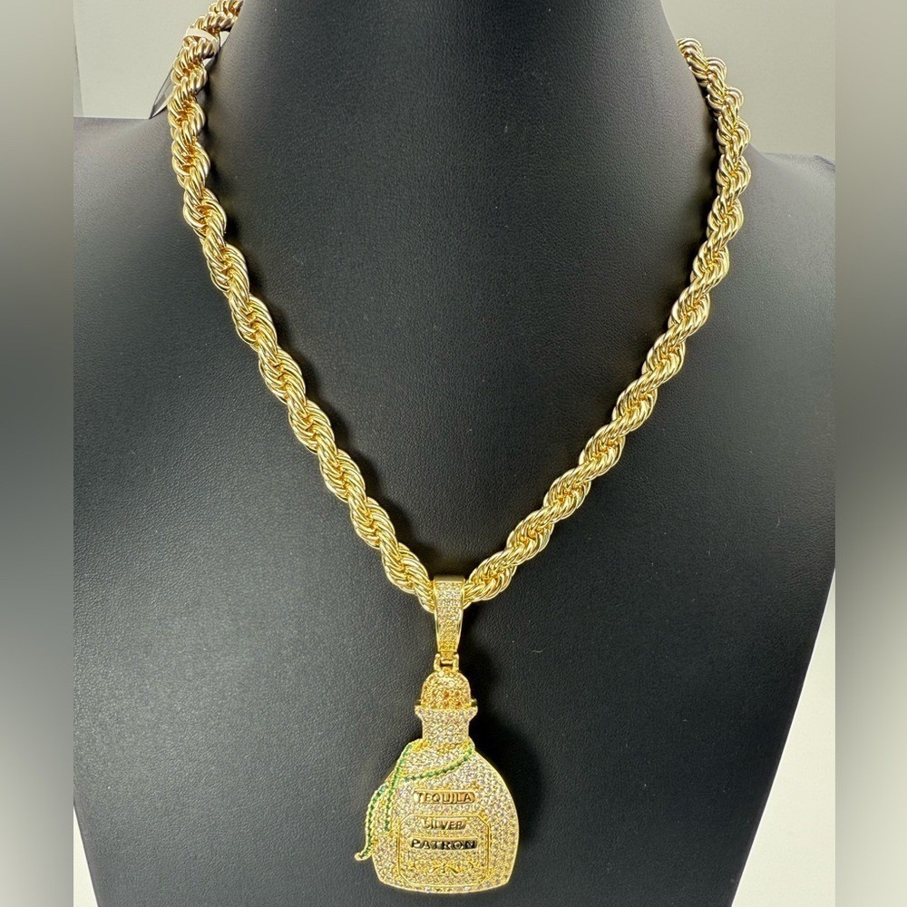 Gold Tone Rope Chunky Thick Chain Tequila Bottle Pendant 18inch 8mm street style